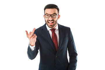 irritated businessman quarreling and showing middle finger while looking at camera isolated on white