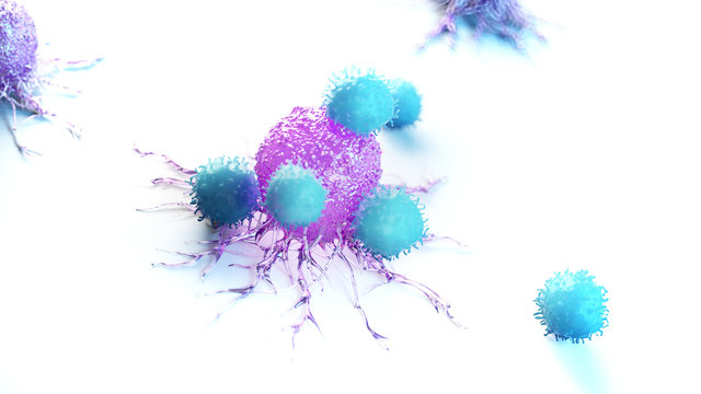 3d rendered medically accurate illustration of a cancer cell being attacked by leucocytes