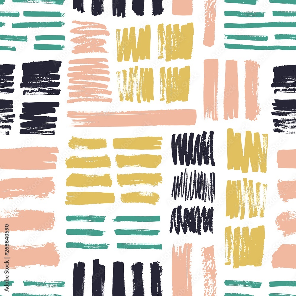 Poster seamless pattern with bright colored brush strokes on white background. creative backdrop with rough