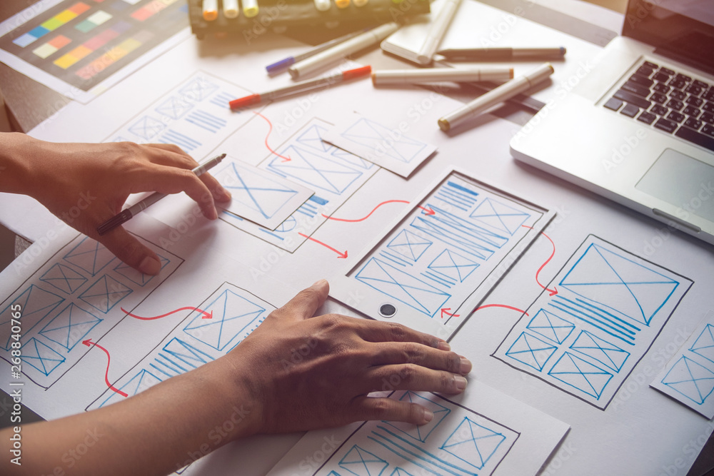 Poster ux graphic designer creative sketch planning application process development prototype wireframe for