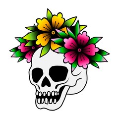 Princess emblem of a skull in a crown surrounded by roses.tattoo, isolated on a white background. Sketch of traditional old school.best print back to school stickers.Day of dead vector illustration