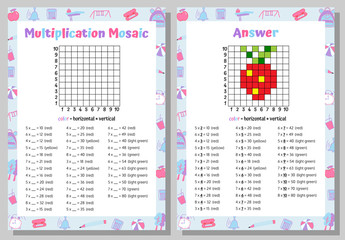 Multiplication Mosaic Math Puzzle Worksheet. Educational Game. Coloring Book Page Mathematical Game. Pixel Art. Vector illustration.