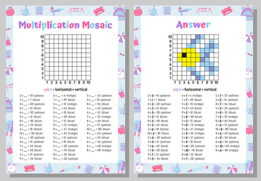 Multiplication Mosaic Math Puzzle Worksheet. Educational Game. Coloring Book Page Mathematical Game. Pixel Art. Vector illustration.