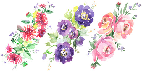 Boeket bloemen botanische bloemen. Aquarel achtergrond afbeelding instellen. Geïsoleerde boeketten illustratie element.