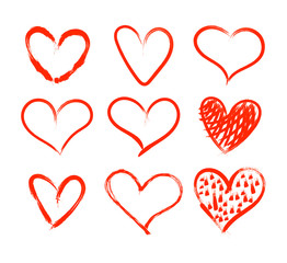 Vector Hand Drawn Red Hearts Collection Isolated on White Background, Freehand Painting.