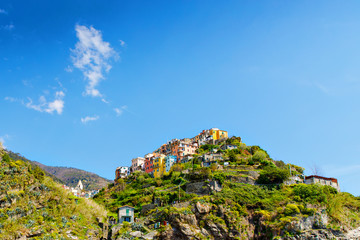 Fototapeta na wymiar Corniglia, Liguria, Italy fisherman village, colorful houses on sunny warm day. Monterosso al Mare, Vernazza, Corniglia, Manarola and Riomaggiore, Cinque Terre National Park UNESCO World Heritage