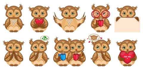 Cute owl set. Vector illustration.