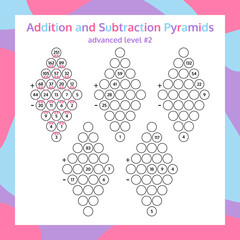 Addition and Subtraction Pyramid Set. Educational Math Game Worksheet. Mathematics puzzle. Vector Illustration.