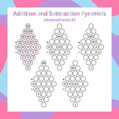 Addition and Subtraction Pyramid Set. Educational Math Game Worksheet. Mathematics puzzle. Vector Illustration.