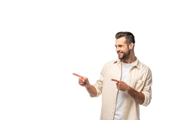 happy man pointing with fingers Isolated On White with copy space