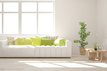 Stylish room in white color with sofa. Scandinavian interior design. 3D illustration