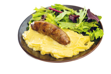 Mashed potato with cream, butter and emmental, grilled sausage