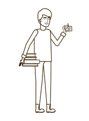 man with books in white background