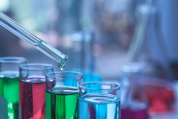 Glass laboratory chemical test tubes with liquid for analytical , medical, pharmaceutical and...