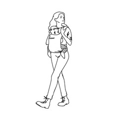 Young mother with baby carrier taking a walk with her baby. Black lines isolated on white background. Concept. Vector illustration of woman with child in simple line art style. Hand drawn sketch