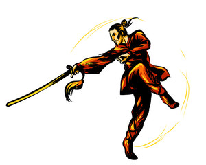 Master of wushu, Shaolin warrior in a jump  in a red kimono with a sword on training. Graphic color sketch on a white background.