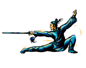 Master of wushu, Shaolin warrior in a blue kimono with a sword on training. Graphic color sketch on a white background.