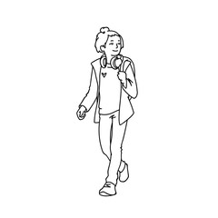Cute teen girl with headphones and backpack taking a walk. Monochrome vector illustration of teenage girl in jacket, jeans and sneakers walking. Black lines isolated on white background.