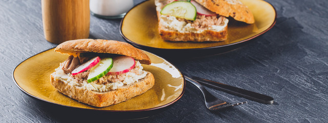 Delicious tuna sandwich, served with radish and cucumber