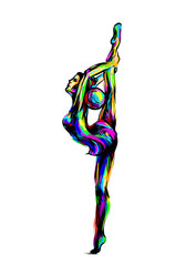 Abstract multi-colored sketch of a young girl with a ball engaged in sports art gymnastics.