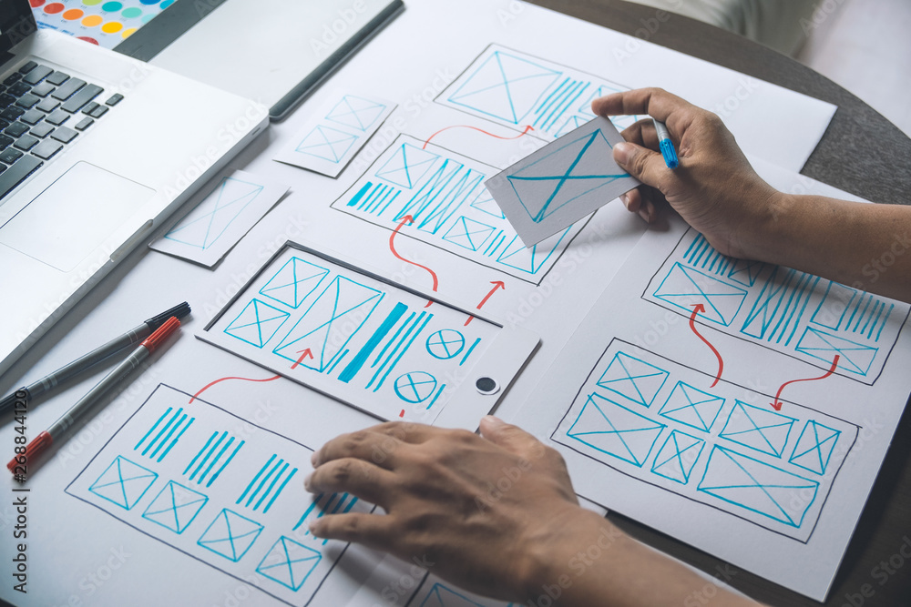 Poster ux graphic designer creative sketch planning application process development prototype wireframe for