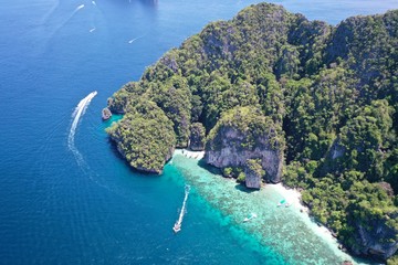 Aerial drone view of beautiful Phi Phi island with amazing lagoon sea, Thailand