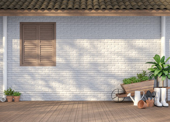House terrace with garden equipment 3d render,There are empty white  brick wall, wood floor and brown roof,Sunlight shining to the wall with tree shadow.