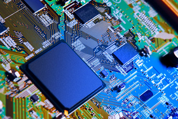 Electronic circuit board close up.
