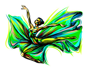 Abstract, multi-colored image of a beautiful girl dancer in motion with a developing dress.