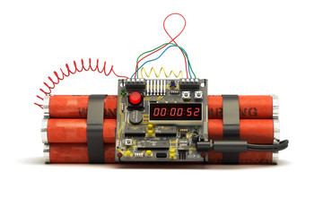 Dynamite explosive bomb device prop on an isolated white background. 3d rendering 