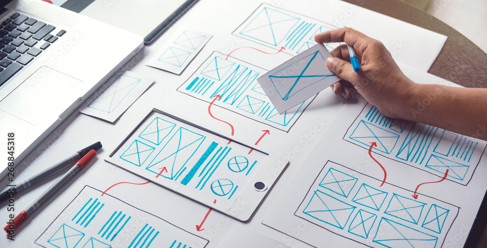 Poster ux graphic designer creative sketch planning application process development prototype wireframe for