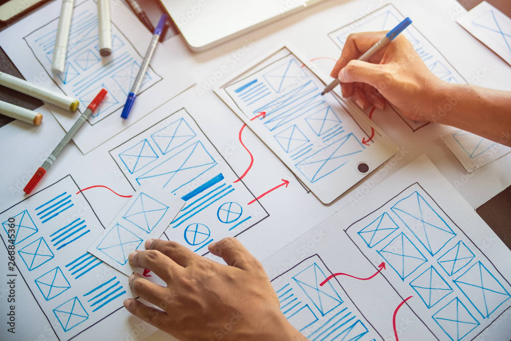 Poster ux graphic designer creative sketch planning application process development prototype wireframe for