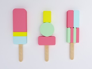 Colorful Ice cream popsicles. Minimal summer concept. Minimalistic geometric forms with colorful in a white background. Sweet dessert. Trendy Fresh background for summer compositions. 3d render.