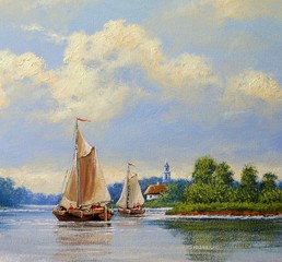 sailing ship in the river © yaroslavartist