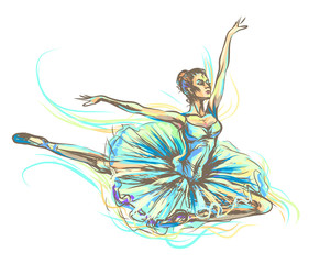 Graceful, beautiful dancing ballerina in a jump. Hand-drawn sketch in blue tones.