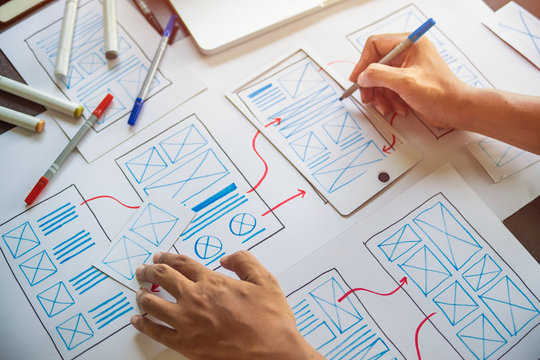 ux Graphic designer creative  sketch planning application process development prototype wireframe for web mobile phone . User experience concept.