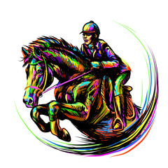 Abstract multi-colored drawing depicting equestrian sport, show jumping, horse rider, jockey.