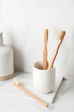 Close-up of biodegradable toothbrushes.