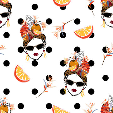 Beautiful hand sketch tropical havana women summer vibes with fresh fruit seamless pattern in vector on modern polka dots design for fashion,fabric,web,wallpaper and all prints