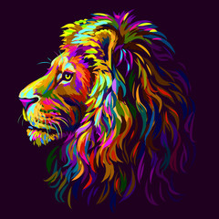Abstract, multi-colored profile portrait of a lion's head on a purple background in pop-art style.