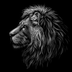 Black and white, graphic portrait of a lion's head profile on a black background.