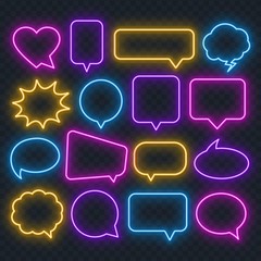 Neon speech bubble on a transparent background. Bright light frames for quotes and text. Vector.