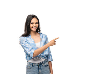 happy girl pointing with finger at copy space Isolated On White