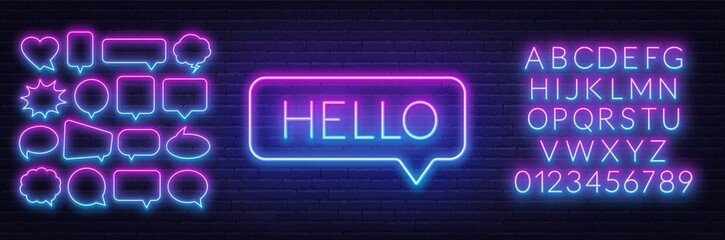 Neon sign of word hello in speech bubble frame on dark background.Set of neon speech bubbles and the alphabet on a dark background. Template for design. - obrazy, fototapety, plakaty