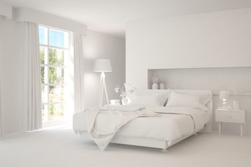 Modern bedroom in white color. Scandinavian interior design. 3D illustration