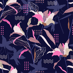 Naklejka premium Colorful Seamless pattern hand drawn delicate and beautiful lily flowers vector with geometric polkadot
