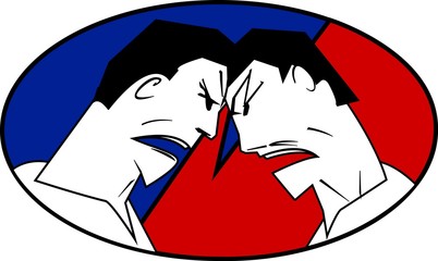 Two people,enemies or adversaries,yelling at each other.conflict situation at work,business,at home.rage,anger and hatred on his face.vector image