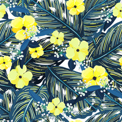 Fototapeta na wymiar Seamless pattern in vector Beautiful exotic layer of summer leaves and yellow blooming flowers design for fashion,web,wallpaper,fabric and all prints