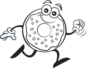 Black and white illustration of a happy doughnut running.