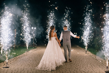 back view of young wedding couple walking outdoor between fireworks